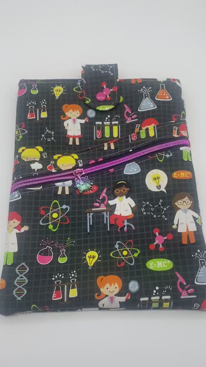 Science Book Sleeve, Book Sleeve with pocket, E-Reader protector with zipper, Teacher Gift, Science Teacher, Gift for Reader, Tablet Sleeve