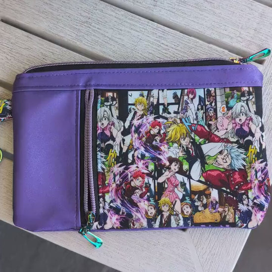 Anime Wristlet, Zippy Clutch, Purple Purse, Gift for Anime Fan, Fandom Gift, Sew Majestic, Comic Con Purse, Sins Purse, Japanese Anime theme