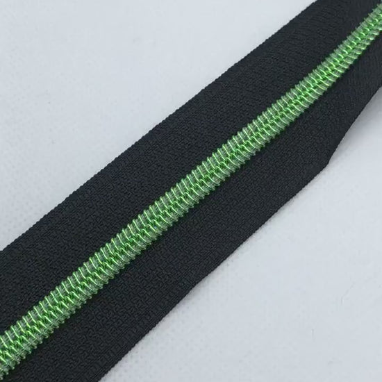 Black Nylon with Green Teeth Size #5 Zipper Tape, Green Zipper Tape, Black Zipper Tape, Green Teeth, Nylon Zipper, Size 5 Zipper