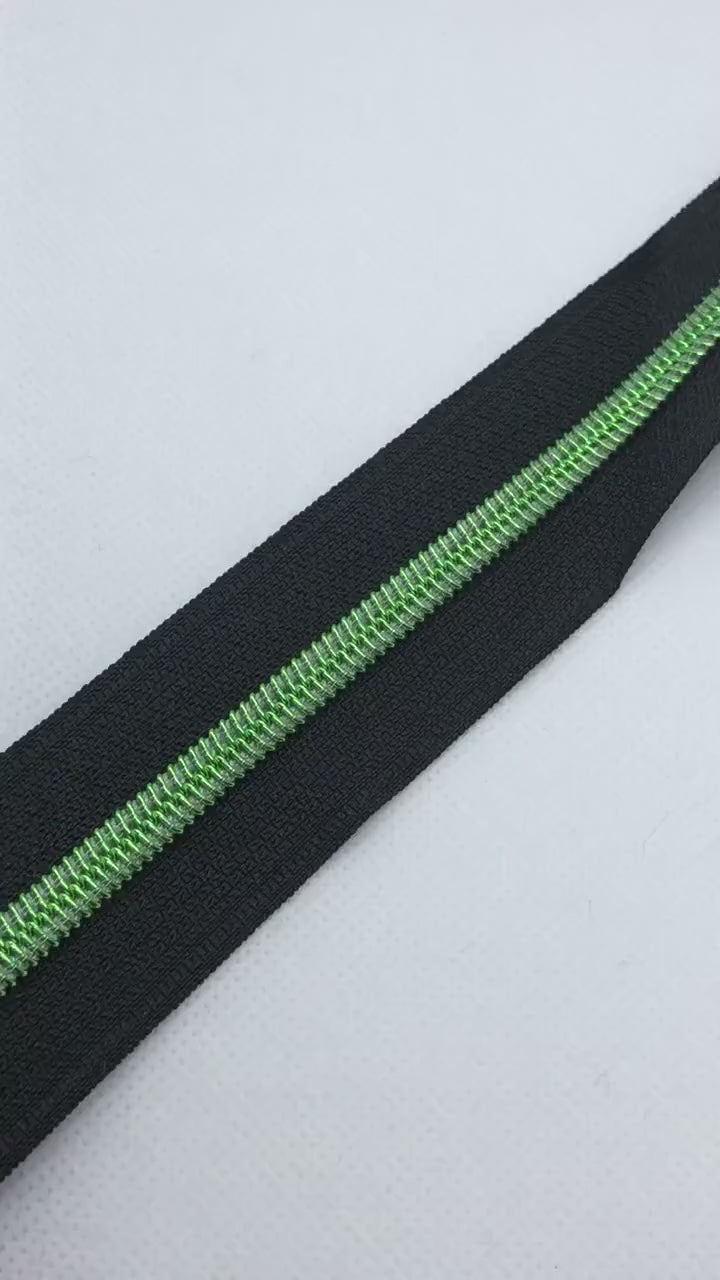 Black Nylon with Green Teeth Size #5 Zipper Tape, Green Zipper Tape, Black Zipper Tape, Green Teeth, Nylon Zipper, Size 5 Zipper