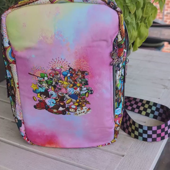 Video Game Sling Bag, Custom Fabric Backpack, Gift for Girls, Girl Gamer Bag,by Sew Majestic, Pink Purse, Comic Con Sling Bag, Rainbow purse