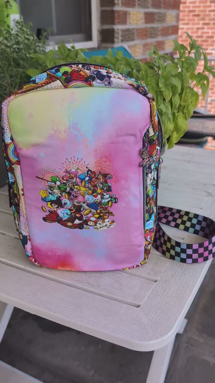 Video Game Sling Bag, Custom Fabric Backpack, Gift for Girls, Girl Gamer Bag,by Sew Majestic, Pink Purse, Comic Con Sling Bag, Rainbow purse