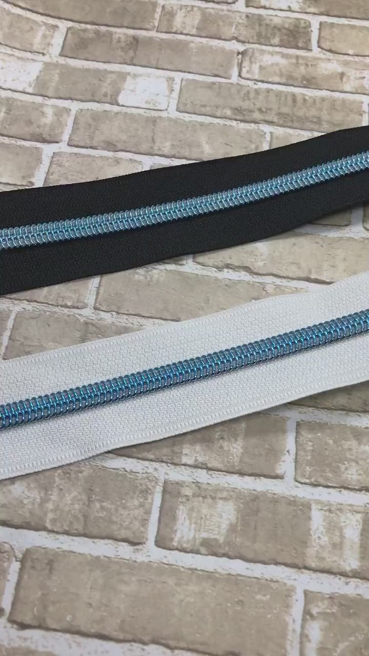Sky Blue and Black or White Size #5 Nylon Tape, Nylon Zipper Tape, Blue Teeth Zipper, Purse Zipper, Black Zipper Tape, White Zipper Tape